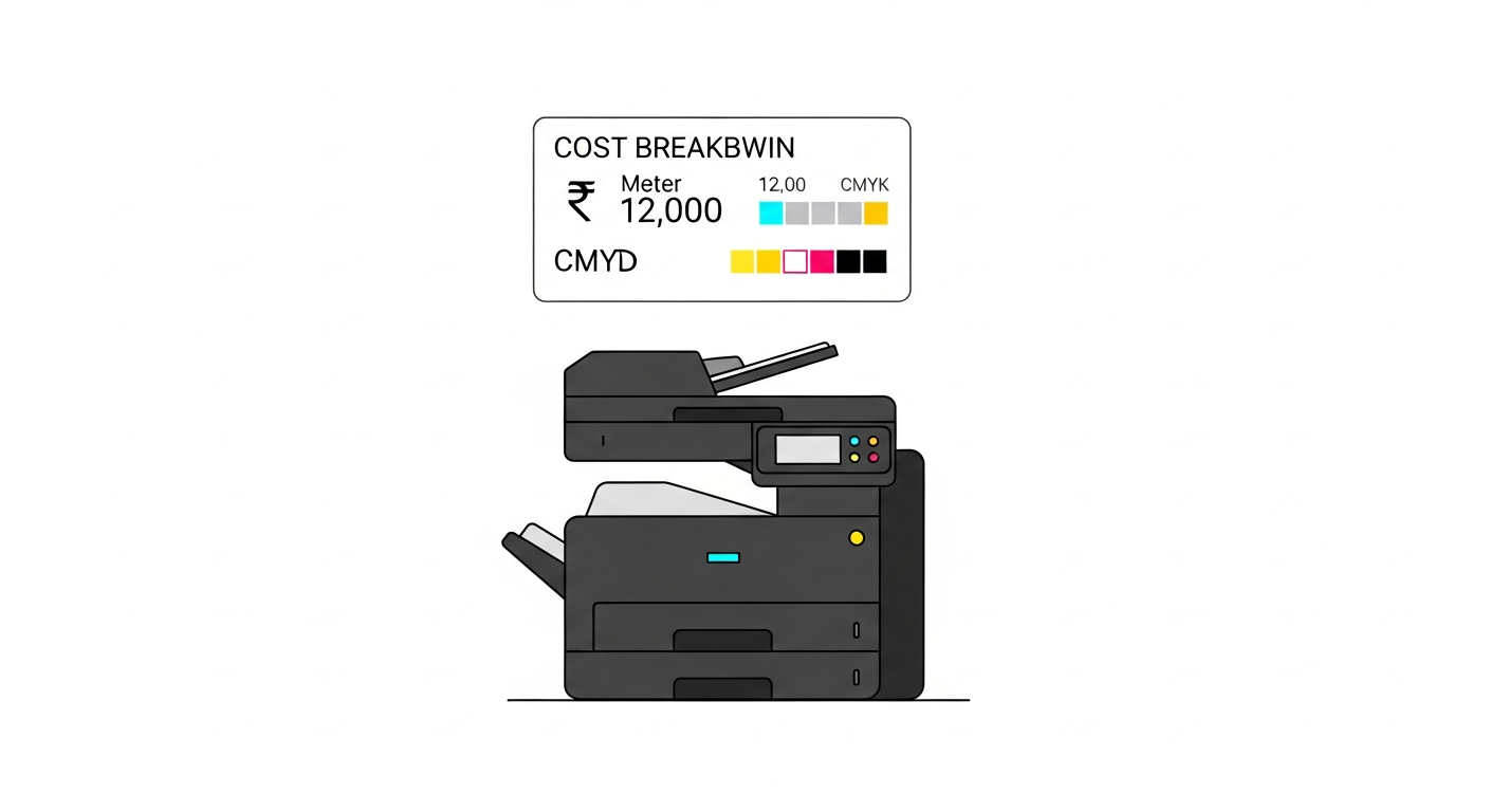 Printer with cost breakdown dashboard showing meter readings and CMYK colors