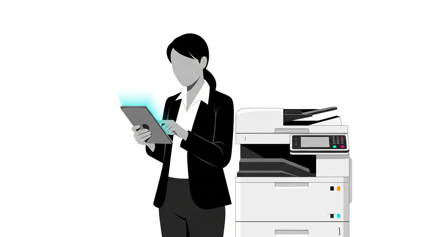 Person entering meter readings on tablet next to office printer