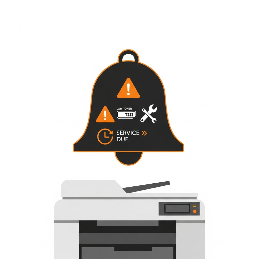 Smart alert bell with low toner, parts replacement and service due icons